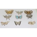 Collection of 9 silver vintage butterfly brooches