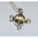 Art Nouveau inspired citrine seed pearl silver pendant