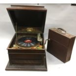 Vintage Columbia wind up gramophone together a collection of pin boxes and records