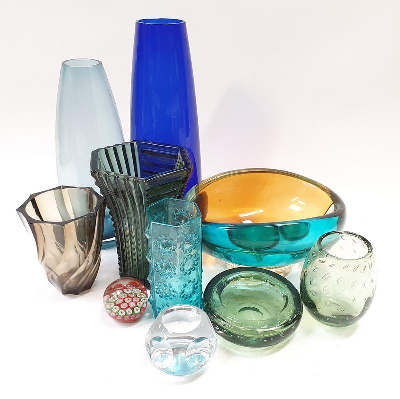 Mixed coloured glassware items to include paperweights.