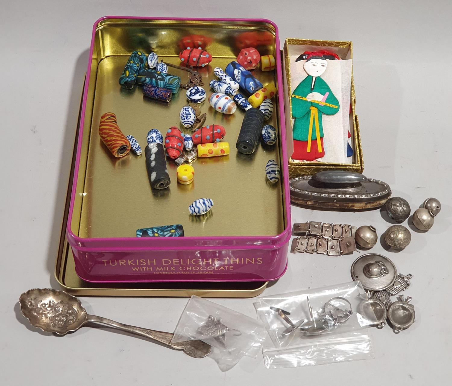 Box of Chinese and other curios to include silver/white metal jewellery, bar rings, beads, silk