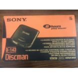 SONY DISCMAN.  Compact Player D-143 Vintage Digital audio Black MegaBass unit complete with box,