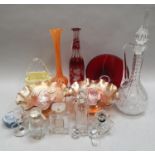 Collection of glassware to include coloured carnival glass and perfume bottles.