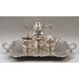 Three piece silver plated coffee set on engraved silver plated twin handled tray.