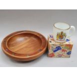 Wood and Aboline carved bowl together with a boxed 1953 coronation cup.