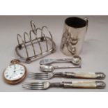 A collection of silver items to include a toast rack, teaspoons etc together with a Waltham USA