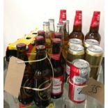 Collection of various bottles and cans of beer/cider to include Budweiser, Carlsberg, Koppaberg