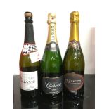 Three bottles of alcohol: Lanson Champagne 75cl, 2 x Prosecco 75cl. Ref 163/190/307.