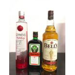 Three bottles of alcohol: Bell?s Scotch Whisky 1L, Ciroc Red Berry Vodka 70cl, Jägermeister .5L. Ref
