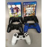 5 PlayStation controllers and 2 games ref 367