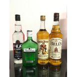 Four bottles of alcohol: Captain Morgan Spiced Rum 70cl, Bell?s Scotch Whisky 70cl, Gordon?s Gin