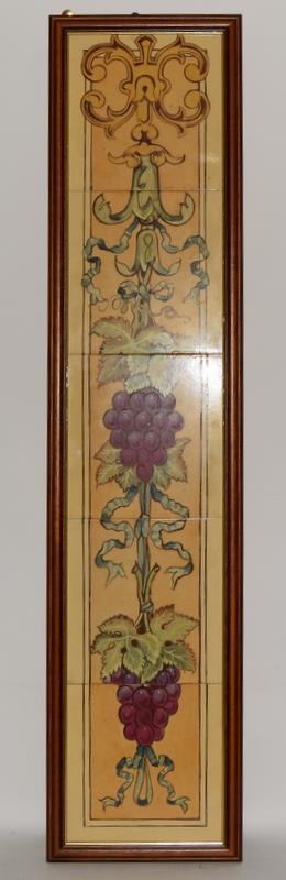 Framed panel of five tiles depicting grape vines in gold frame 7.1" x 30.8"