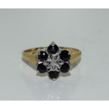 9ct gold ladies antique set diamond and sapphire cluster ring size M