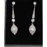 A pair of silver CZ and Opal Panelled art deco style drop earrings.