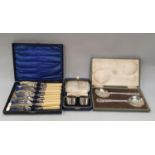 Boxed pair silver h/m serviette rings together with boxed serving spoons and bone handle fish knives