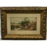Victorian gilt frame water colour children at the brooke 65x70cm