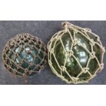 Antique possibly Victorian Japanese fishing net floats/bouys with original rope nets. One 16"