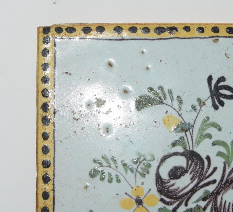 French (Northern France) early polychrome tile depicting a basket of flowers c1800s, 4.6" x 4.6" - Image 2 of 8