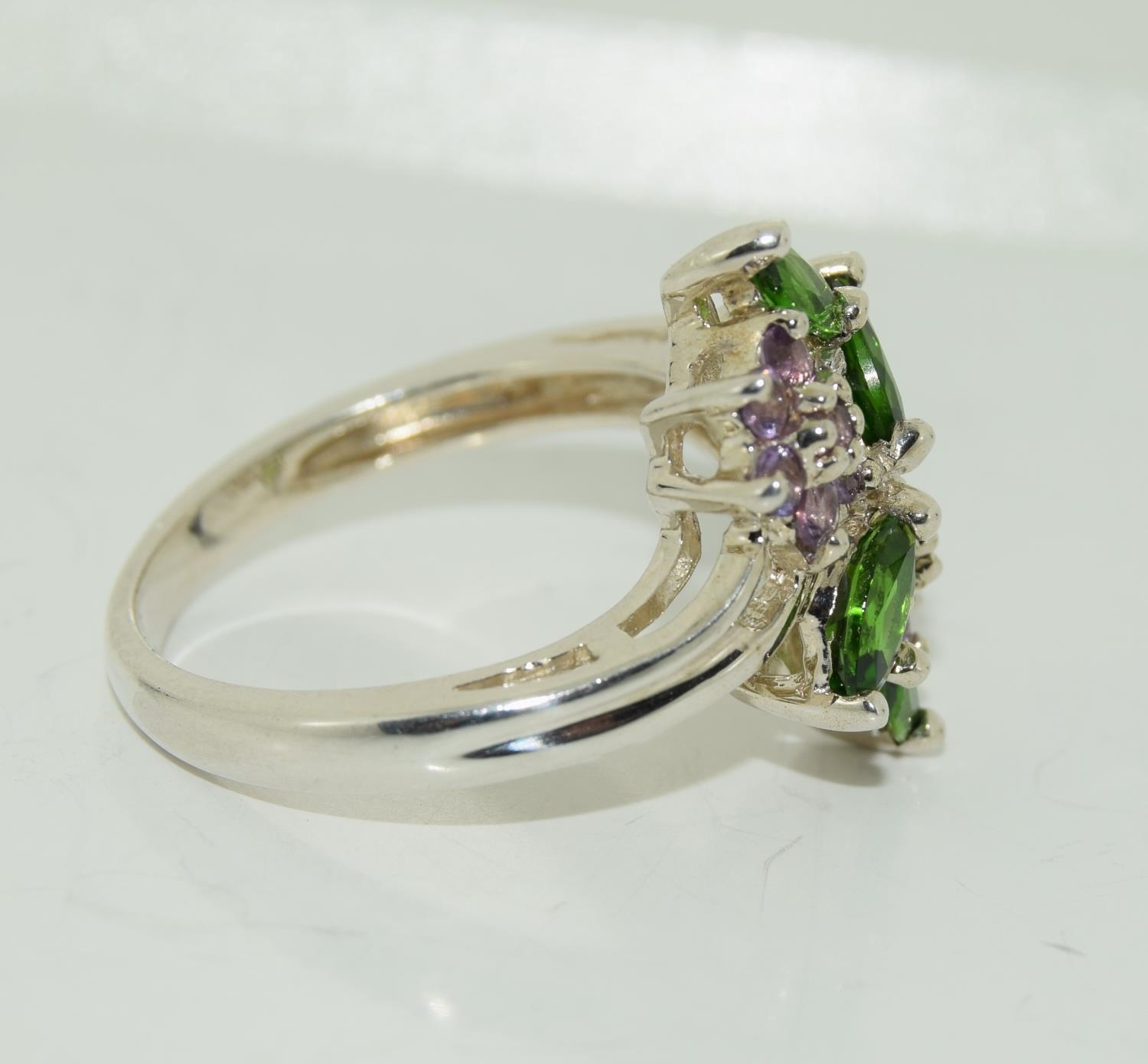 Amethyst Green Dropside 925 silver cluster ring, Size N. - Image 2 of 3