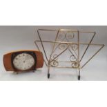 1950s small magazine rack together a 1950s Metamec mantle clock