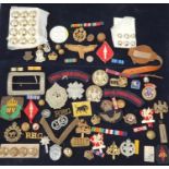 A collection of military pin badges, fabric badges, buttons etc.