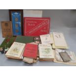 Mixed box of collectables to include Beatrix Potter books, cigarette cards, fashion jewellery, Royal