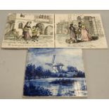 Handpainted Continental large tile depicting a river scene, signed to front together with blue and