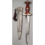 Nazi Third Reich wood handle dagger with emblem and engraving to blade