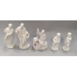 5 white porcelain oriental figures 19cm tallest