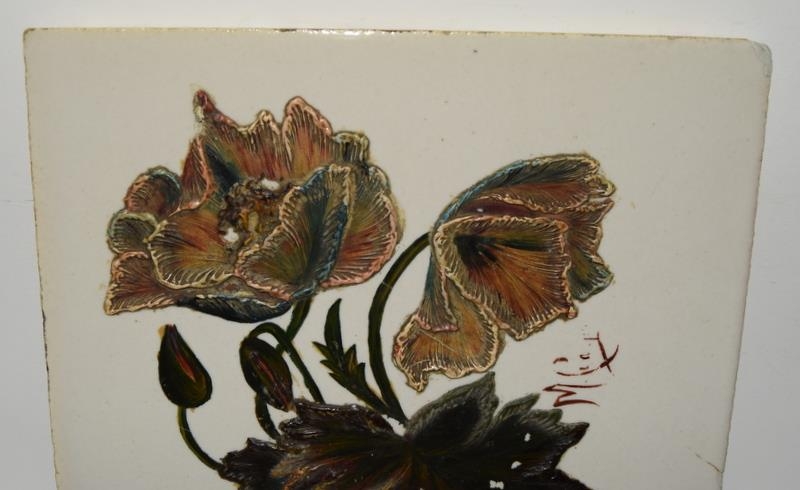 Pair of large hand decorated tiles with raised floral decoration signed by artist on front 8" x - Image 3 of 14