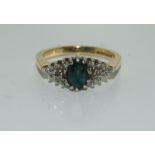 9ct gold ladies antique set diamond Aquamarine cluster ring size M