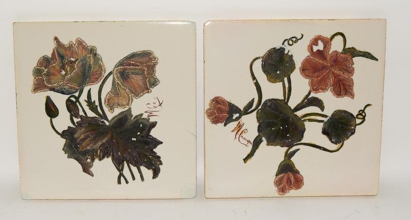 Pair of large hand decorated tiles with raised floral decoration signed by artist on front 8" x - Image 2 of 14