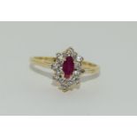 A Vintage 14ct Gold Ruby and Diamond cluster ring, 2.5grams, Size M 1/2.