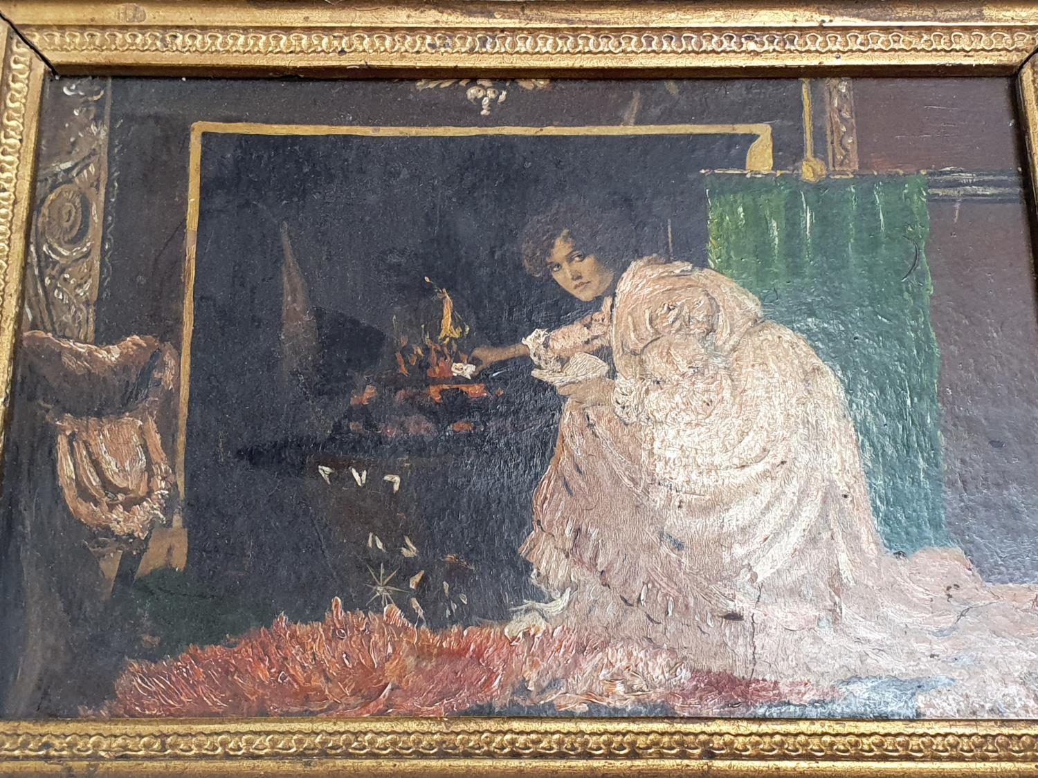 Gilt framed oil on board of a lady by a fireplace. 27.5 x 34.5cm. - Image 2 of 3