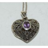 Antique inspired Amethyst silver marcasite heart locket.