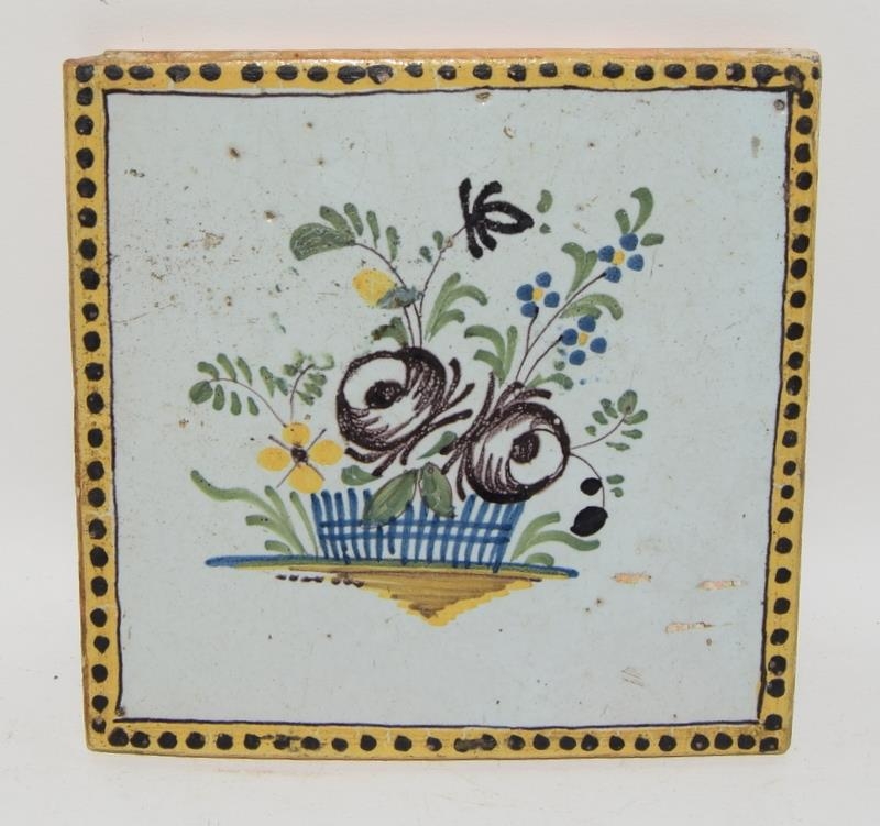 French (Northern France) early polychrome tile depicting a basket of flowers c1800s, 4.6" x 4.6"