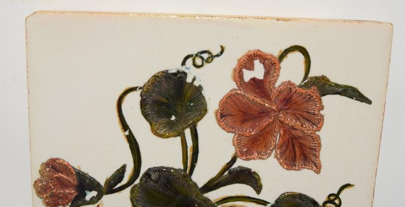 Pair of large hand decorated tiles with raised floral decoration signed by artist on front 8" x - Image 7 of 14