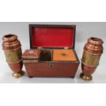 Vintage wooden tea caddy together with small wooden box and a pair of copper vases..