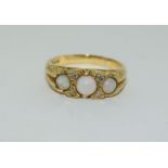 Opal/Diamond 3 stone 18ct gold heavy 6.6g ring, Size P.