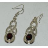 Large Celtic designed Garnet drop 925 silver earrings.