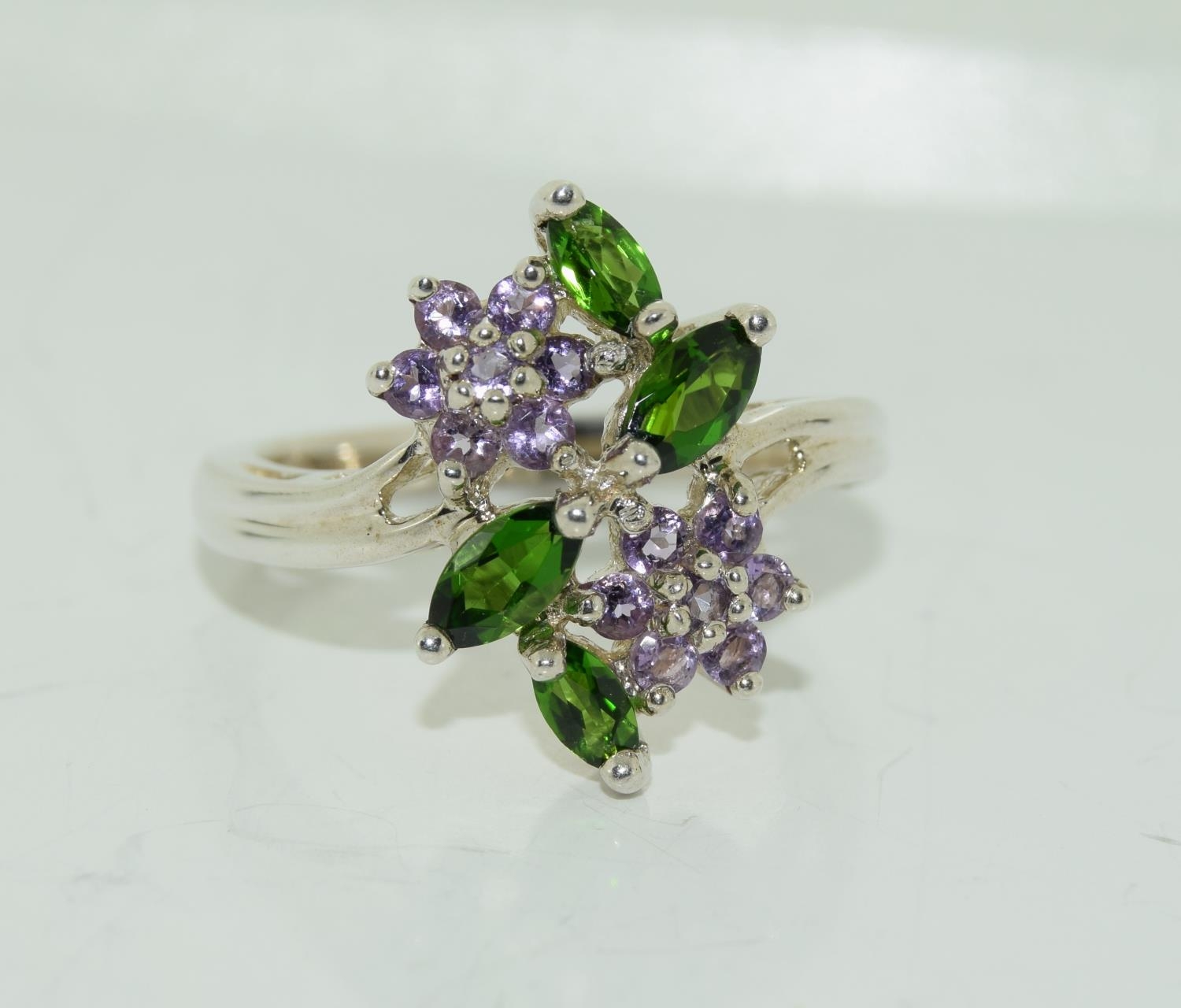 Amethyst Green Dropside 925 silver cluster ring, Size N.