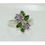 Amethyst Green Dropside 925 silver cluster ring, Size N.