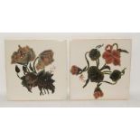 Pair of large hand decorated tiles with raised floral decoration signed by artist on front 8" x