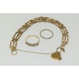 9ct gold ladies gate bracelet together 2 gold rings 9gm