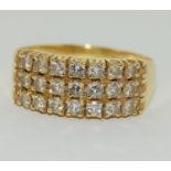 A Heavy 0.75ct three row diamond and 18ct yellow gold ring. 5.1 grams, Size R