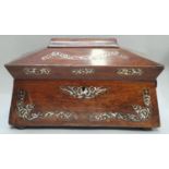 Mahogany sarcophagus mother of pearl tea caddy 34.5x19x21cm.