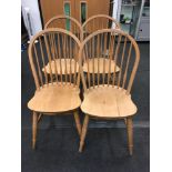 Set 4 stick back pine dining chairs on turned supports with cross stretchers ,90x45x45cm