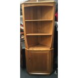 Ercol light ash corner cupboard with 2 open shelves above cupboard - 6' high, 2'4'' wide, 1'4'' deep