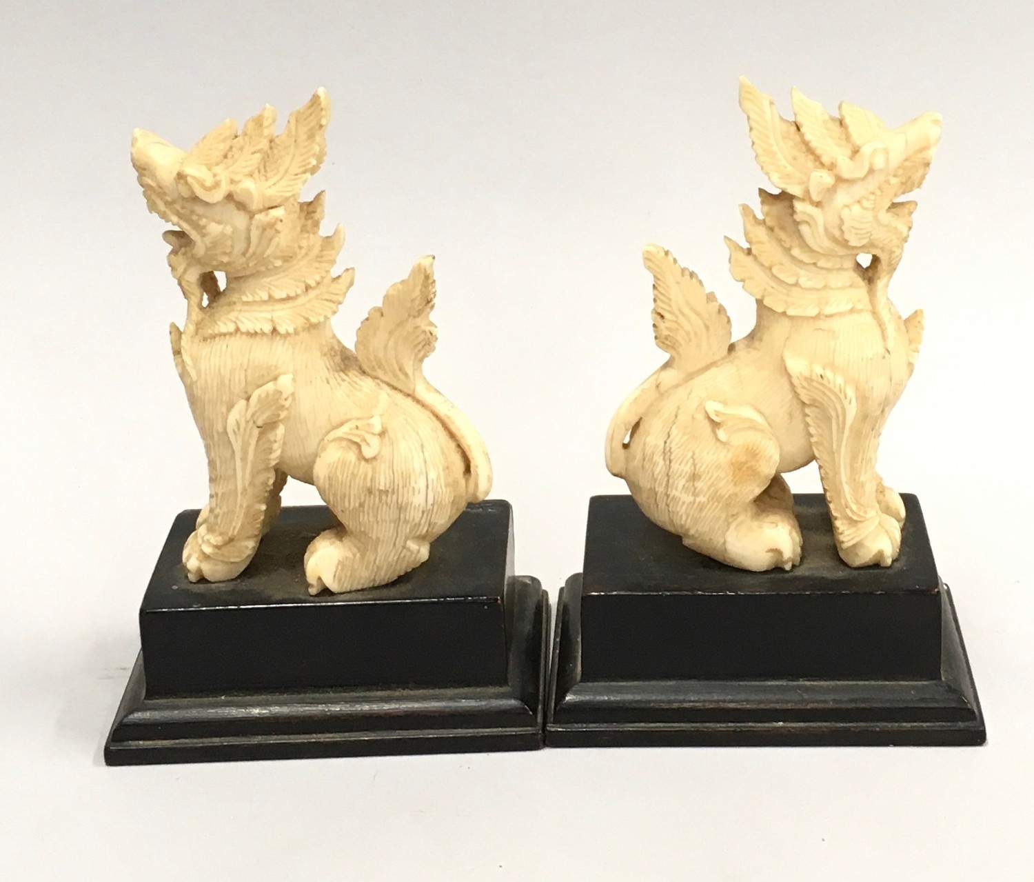 Pair oriental ivory Foo dogs with silver metal inscribed plates - Image 3 of 5