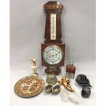 Misc curios to include barometer and cloisonne plate.
